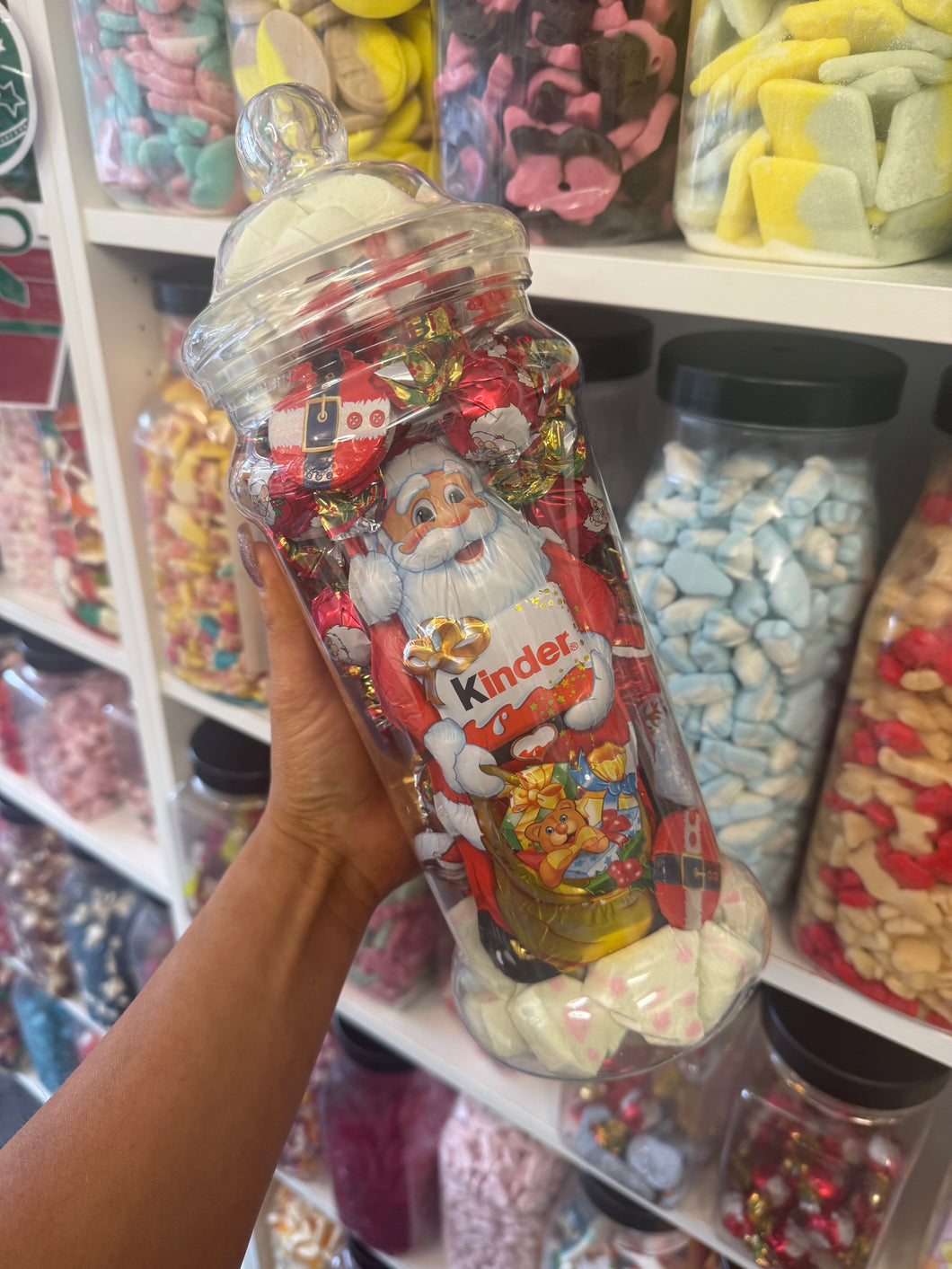 Christmas kinder santa jar filled with Christmas foiled chocolate